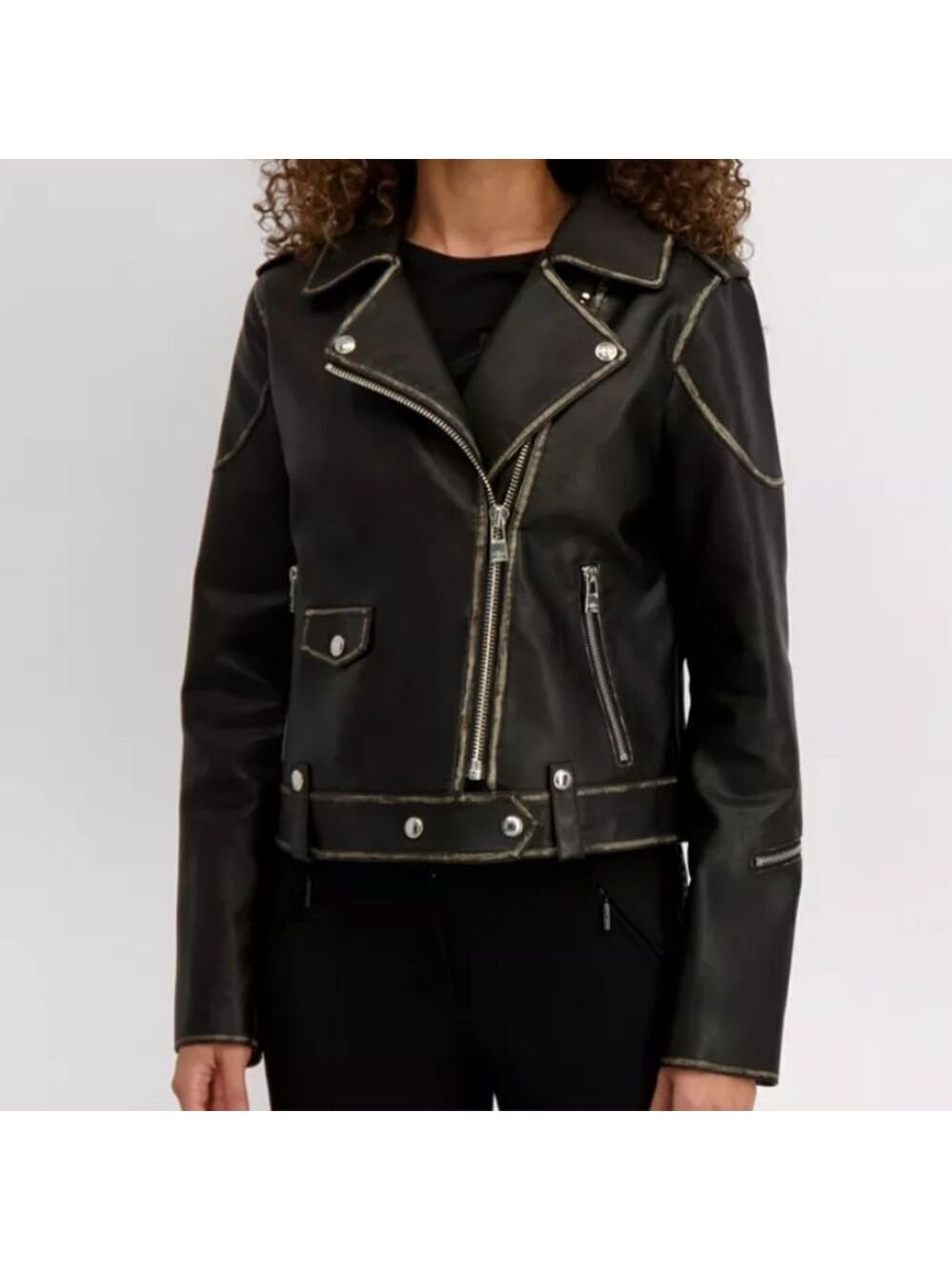 Karl Lagerfeld Black Faux Leather Moto Jacket Belted Large NWT